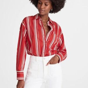 Madewell Women's Oversized Button-Up Shirt Poplin Stripe Cherry Red M Medium New
